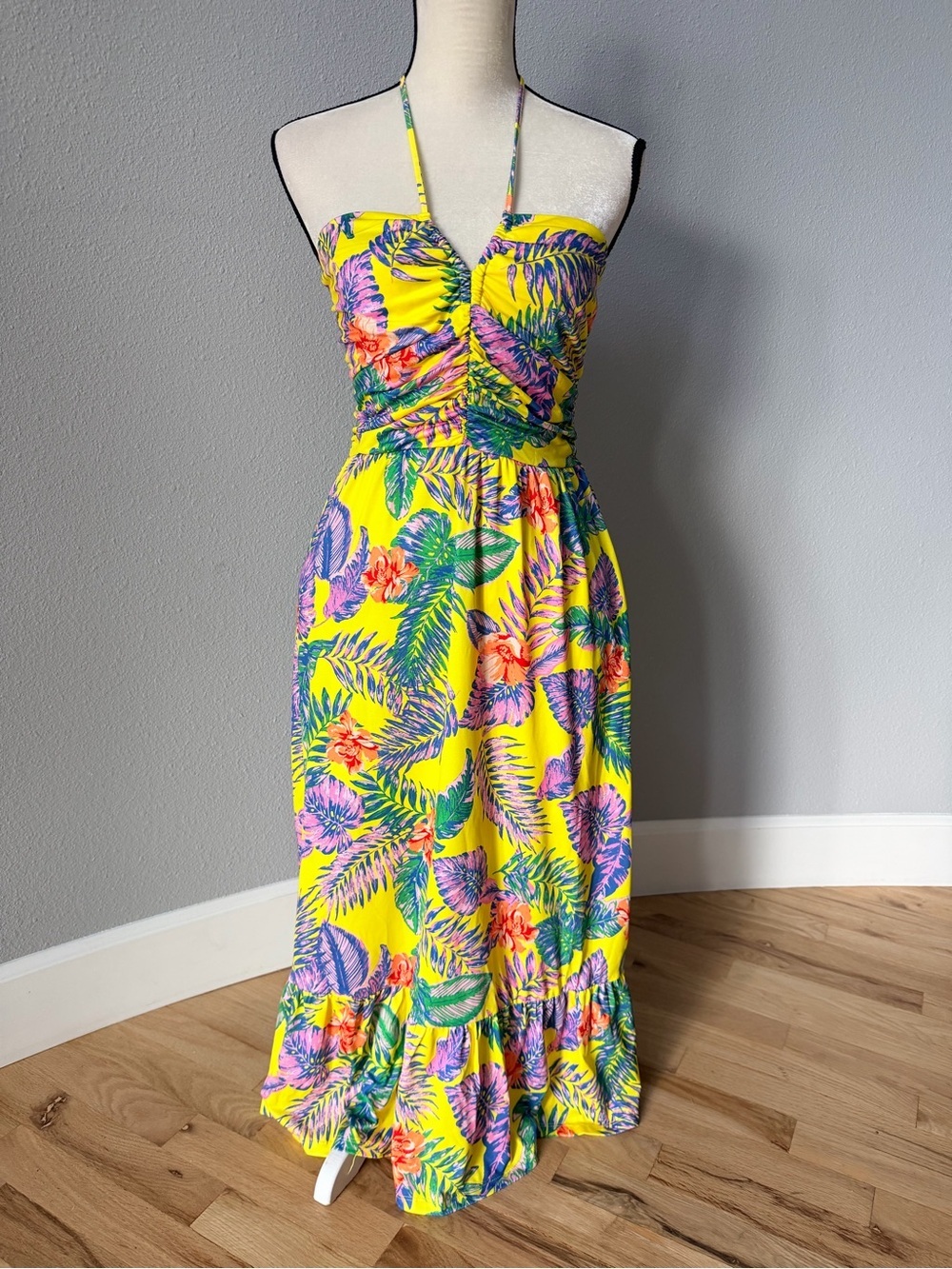 Collective Concepts Yellow Tropical Palm Ruffle Halter Maxi Dress Small